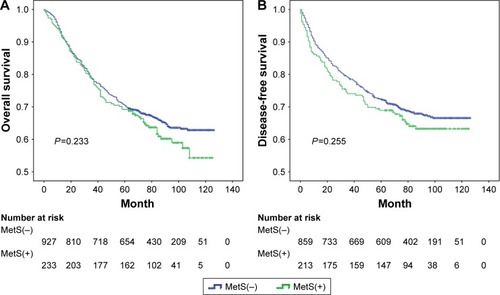 Figure 3 Kaplan–Meier survival curves showing overall survival (A) and disease-free survival (B) stratified by MetS in CRC patients.