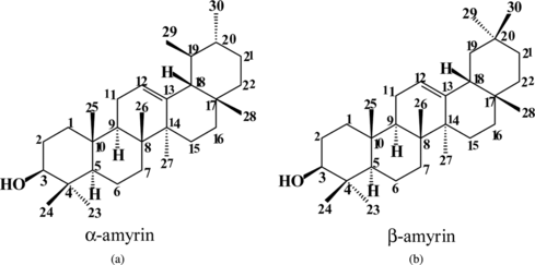 Figure 1 Chemical structures of α.-amyrin (3β.-hydroxyurs-12-eno) (a) and β.-amyrin (3β.-hydroxyolean-12-eno) (b) isolated from the crude resin of Protium heptaphyllum..