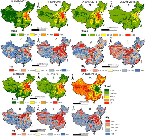 Figure 5. Spatial maps of changing rate and corresponding significance levels of TNC over China, unit of the trend: 1015 molecules cm−2 yr−1, Sig represents the significance level. GOME/ERS-2 (H), SCIAMACHY (S), OMI (O), GOME-2/METOP_A (A) and GOME-2/METOP_B (B).