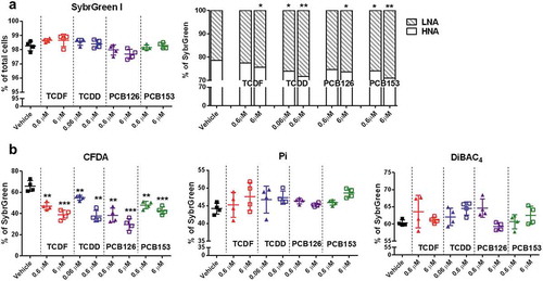 Figure 2. The physiological response of isolated cecal bacteria to POPs exposure in vitro. (a) Flow cytometric analyses of proportions of SybrGreen, low nuclei acid (LNA), and HNA-stained cells from isolated cecal bacteria with vehicle or two doses of POPs exposure for 4 h. (b) Flow cytometric analyses of proportions of CFDA, Pi, and DiBAC4-stained cells from isolated cecal bacteria with vehicle or two doses of POPs exposure for 4 h. Values are means ± S.D. (n = 4 per group). * P < .05, ** P < .01, *** P < .001 compare to vehicle