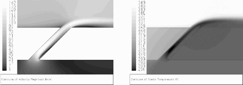 Figure 9. Velocity and temperature contours through the cooling slot for the CHT simulation (a) velocity contours; (b) temperature contours.