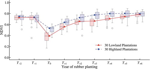 Figure 5. Comparison of inter-annual NDVI profiles for 30 sample lowland and highland plantations during two years before rubber tree planting (T−2 to T−1), the year of rubber planting (T0), and the growing period (T+1 to T+6).