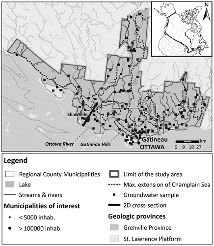 Figure 1. Location of the study area and highlights of the two-dimensional cross-section, including the maximum extent of the Champlain Sea (data from Comeau et al. Citation2013).