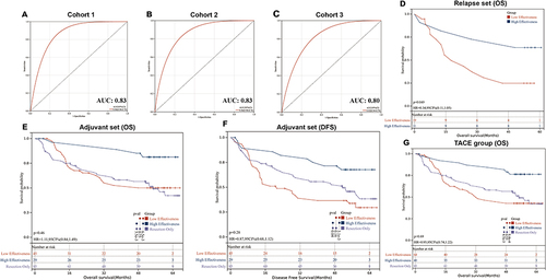 Figure 3 Evaluation of the predictive ability of the TACE effectiveness model by the receiver operating characteristic (ROC) analysis and Kaplan-Meier (KM) analysis. The ROC curves of our model for predicting patients’ response to TACE in cohort 1 (A), cohort 2 (B), and cohort 3 (C). KM analysis of overall survival and disease-free survival between low effectiveness and high effectiveness groups in relapse set (D), adjuvant set (E and F), and TACE group (G).