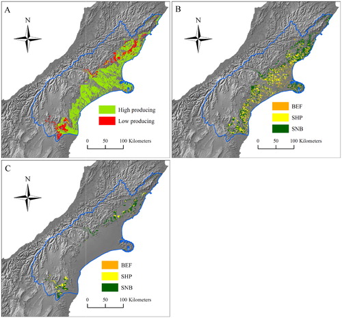 Figure 1 Land that is potentially suitable for Nassella neesiana in the Canterbury region (blue outline) of New Zealand. In A, the map shows the areas of high- and low-producing pasture (Terralink Citation2009) within land use capability classes 1–6 (Lynn et al. Citation2009) that are climatically suitable or optimal for N. neesiana according to a climate niche model (Bourdôt et al. Citation2010b); In B and C, the maps show the areas of high- and low-producing pasture, respectively, that are climatically suitable or optimal (eco-climatic index ≥ 6.0 [Bourdôt et al. Citation2010b]) classified by the farm system type; sheep (SHP), beef (BEF) and sheep/beef (SNB) (AsureQuality Citation2009); In the model, Amax = 772,080 ha, is the sum of the SHP, BEF and SNB land areas shown in B and C.