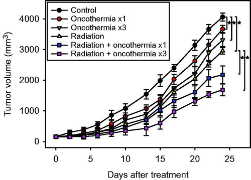 Figure 2. Changes in tumour volume after various treatments. Data represent mean volumes of 7–9 tumours ±1 SE. *indicates p < 0.05.