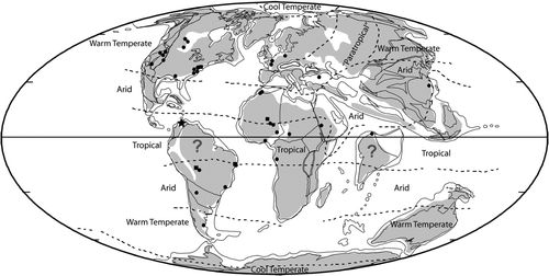 FIGURE 1 World map of locations of known crocodyliform fossil material during the Paleocene. Circles represent locations ascertained as Paleocene in age, squares represent locations that have been contested as possibly Late Cretaceous in age, and the star represents the new locality in northeastern Colombia. Map of the Paleocene by Scotese, 2001.