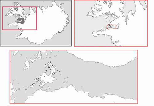 Figure 1. Sampling sites (black dots) of American mink in the Brokey archipelago, Breiðafjörður Bay, West Iceland