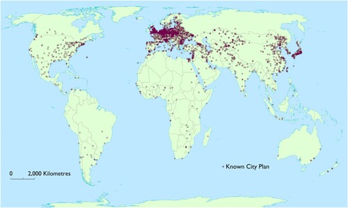 Figure 3. Map indicating towns and cities known to have been mapped by the Soviet Union for its series of military plans. Compiled from holdings in libraries and stock lists from online retailers, the plans appearing on this map have been either observed in person by the authors or appear on lists of at least two separate organizations (Davis, Citation2015).