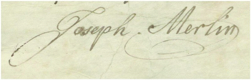 Figure 5. Joseph Merlin's signature on his Answer to Thomas Nicholl's Bill of Complaint; The National Archives, UK C12_1057_15_003; reproduced by permission.