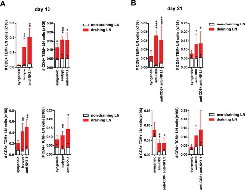 Figure 5. Increased of CD8 T cells and CD4 memory type T cell numbers in draining pLNs of B6 mice after skin transplantation across an MHC class I barrier.The absolute number of CD8 and CD4 TEM cells at day 13 post-Tx (upper left panel) (A) and day 21 post-Tx (upper right panel) (B) and the absolute number of CD8 and CD4 TCM cells at day 13 post-Tx (lower left panel) (A) and day 21 post-Tx (lower right panel) (B) is depicted in non-draining and draining lymph nodes. Results are displayed as mean ± SD. Statistical significance and p value was calculated using unpaired Student’s t test for the comparison of means between draining versus non-draining pLN in each experimental group. The following criterion of statistical significance was used: *, p < 0.05; **, p < 0.005; ***, p < 0.0005. These plots display data pooled from two independent experiments.