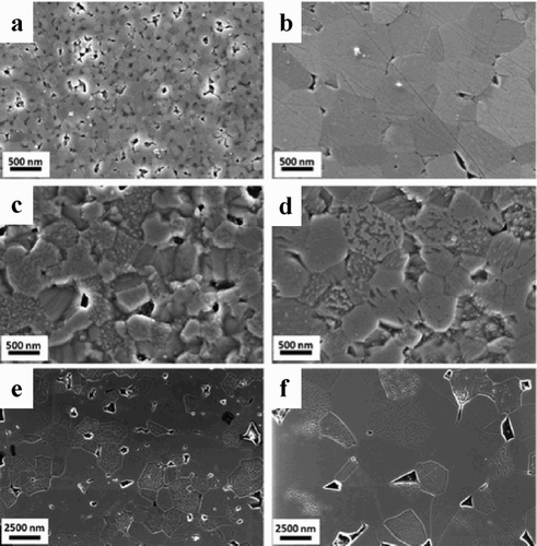Figure 16. Microstructures of ZnO obtained using at 80 V cm−1 (AC) stopped (a) before and (b) after FS as well as fully sintered specimens at (c) 0 V cm−1 for 2 h, (d) 40 V cm−1 for 1 h, (e) 80 V cm−1 for 2 h and (f) 160 V cm−1 1 h, with TF = 700°C. Current densities were between 54 and 151 mA mm−2. Adapted from Schmerbauch et al. [Citation41].