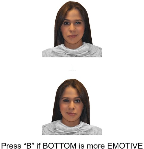 Figure 1. Example trial image.Note: Example image presented to participants. In this example, if participants chose the top image (which contains the emotion in the right visual field) this would demonstrate a left hemispheric bias for facial emotion processing. Conversely, choosing the bottom face (with the emotion in the left visual field) would indicate a right hemispheric bias for facial emotion processing.