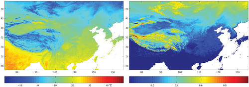 FIGURE 2. The MAST and SFN in China in 2008 derived from MODIS LST products (left: MAST; right: SFN).