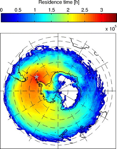 Figure 3. Combined air mass back-trajectories for the measurements between 7 February 2013 and 30 November 2015. The trajectories were calculated using the ensemble method of HYSPLIT 4.9 and an arrival height of 250 m. The colour scale presents the total surface residence time and only times when trajectories were traversing within the boundary layer during the preceding 168 h were considered in the analysis. The residence time over different surfaces inside the PBL prior to arriving at the station were Antarctica (2.8%), other continents (0.8%), sea ice (34.8%), ice shelves (2.3%) and open water (59.3%).