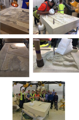 Figure 10 City of Glasgow College Stonemasonry students roughing out and carving RIB 2208 from Old Kilpatrick (top); Arniebog (middle); stonemasonry students and lecturers with Louisa Campbell (LKAS Fellow in Archaeology, University of Glasgow) and Emma McMullen (Project Manager, Rediscovering the Antonine Wall project) (bottom).