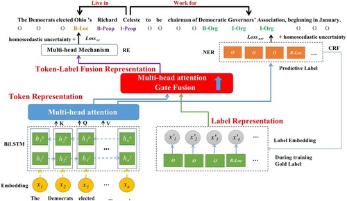 Figure 2. The overall flowchart of GANCE. Token representation is first obtained by a BiLSTM and a multi-head attention module. Then, a low-dimension label representation is obtained by embedding. Next, a gating mechanism and another multi-head attention module are carefully designed to fuse token and label information.