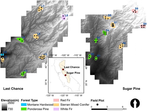 Figure 1. The geolocation of the last chance and sugar pine study areas and the distribution of 17 selected study sites and 61 field-measured plots.