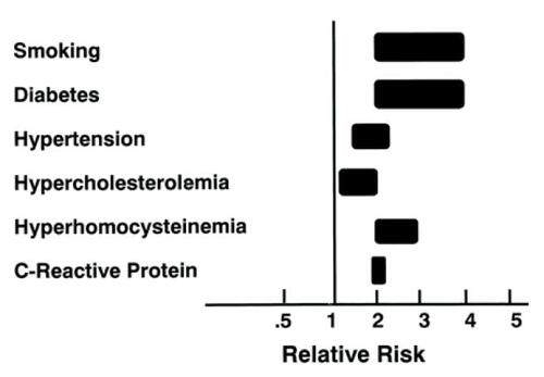 Figure 5 Risk of developing lower extremity peripheral arterial disease. The range for each risk factor is estimated from epidemiologic studies (see text). The relative risks take into consideration current smokers vs. former smokers and nonsmokers; the presence vs the absence of diabetes and hypertension; and the highest vs. the lowest quartile of homocysteine and C-reactive protein. The estimate for hypercholesterolemia is based on a 10% risk for each 10 mg/dL rise in total cholesterol. Adapted from CitationDormandy JA, Rutherford RB. 2000. Management of peripheral arterial disease (PAD). TASC Working Group. TransAtlantic InterSociety Consensus (TASC). J Vasc Surg, 31:S1-S296. Copyright © 2000 with permission from Elsevier.