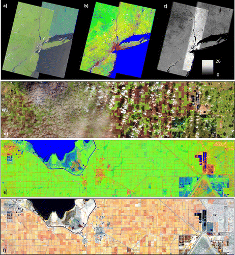 Figure 4. Comparison of single date Landsat–8 scenes (a, d) with corresponding pseudo colour RGB images of the outcome of the TimeScan Data2Stats module (b, c, e, f) which are derived on the basis of all available Landsat–8 images in 2013–2015. The single scenes cover the visible bands whereas the TimeScan layers are composed of the temporal maximum of NDBI, temporal maximum of NDVI, and mean of MNDWI (b, e) and maximum NDVI, mean NDVI and minimum NDVI (f), respectively.