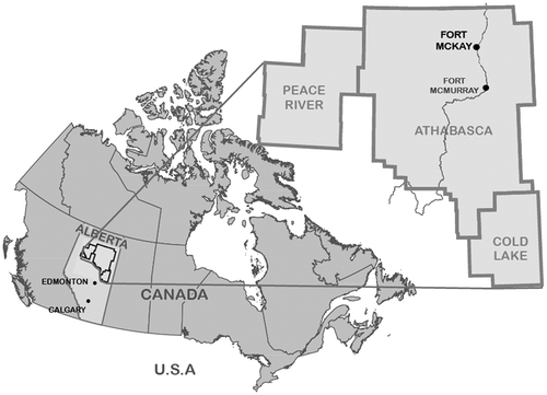 Figure 1. Oil sands regions in northeastern Alberta. Map showing the Peace, Cold Lake, and Athabasca oil sands regions, and the location of Fort McKay and the closest major urban center, Fort McMurray. Fort McKay is located at latitude 57.163, longitude −111.618.
