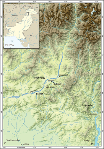 Figure 2. Map of north-western Pakistan with indication of the three main ancient cities of lower Swat (Map by K. Friz and D. Nell, University of Vienna, Department of Geography and Regional Research/ISMEO; Alabamamaps.ua.edu).