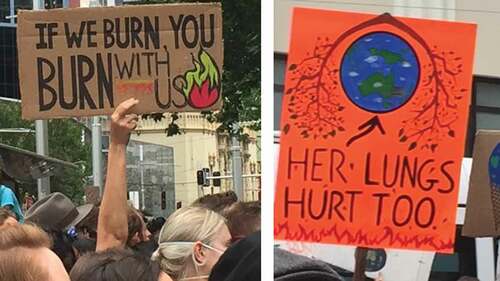 Figure 4. Protest signs at snap Sydney climate rally. These signs speak to a nascent sense of conspirational injustice: that the conditions of breathability are systemically under threat. Image: Author.