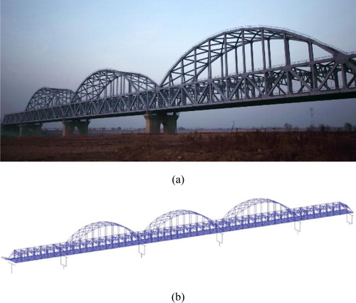 Figure 12. Jinan Yellow River Bridge in the Beijing–Shanghai high-speed line and its FE model [Citation23]: (a) Jinan Yellow River Bridge, and (b) FE model of the bridge.