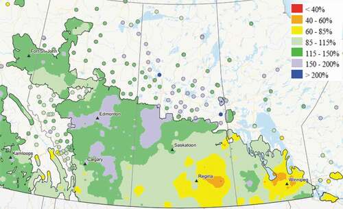 Fig. 2 Three-month (May 3-July 31) percentage of average precipitation for 2020 on the Canadian prairies. Normal precipitation is based on 1981–2010 (Agriculture and Agri-Food Canada Citation2020)