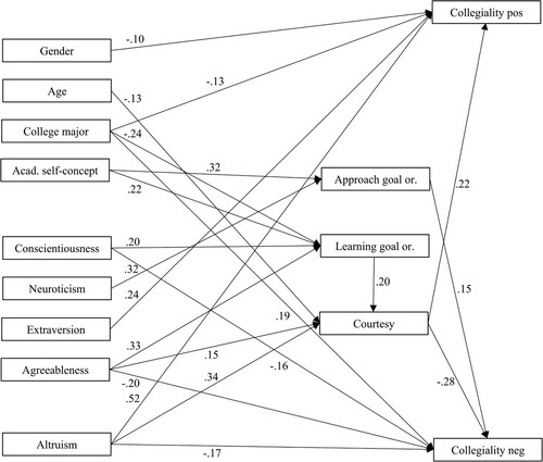 Figure 1. Parameter estimates of the tested model.Note: The figure shows standardized path coefficients from the LISREL analysis. All lines represent significant paths, p < .05.