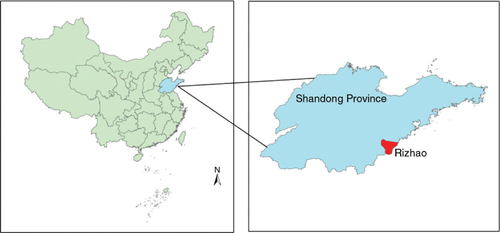 Fig. 1 Geographical location of Rizhao in China (left picture shows the location of Shandong Province in China, right shows the location of Rizhao in Shandong Province).