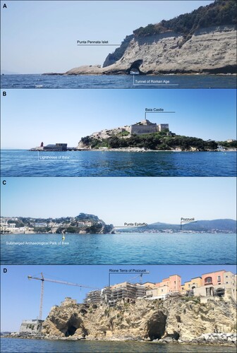 Figure 5. A. The southern side of the Island of Punta Pennata and one of the three Roman tunnels that pass through it; B. View from the north of Baia Castle; C. View from the south of Punta Epitaffio; D. View from the sea of Rione Terra in Pozzuoli.