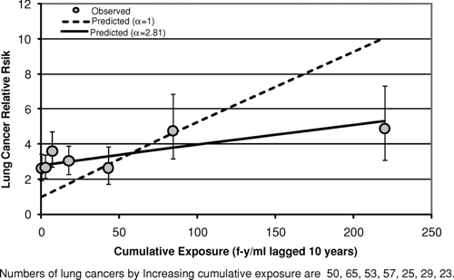 FIG. 1 Observed and predicted lung cancer relative risk vs. cumulative exposure (Wittenoom Cohort).