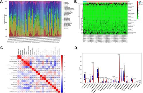 Figure 2 Immune cell infiltration analysis of tumor and normal tissues. (A), Histogram of the composition of immune cells in different samples. (B), Heatmap of the content of immune cells in different samples. (C), A correlation heatmap was generated to show the correlation of immune cells. (D), A violin map was graphed to show the difference of immune cells between the HCC group and the normal group. The blue column represents normal tissues, and the red column represents HCC tissues.