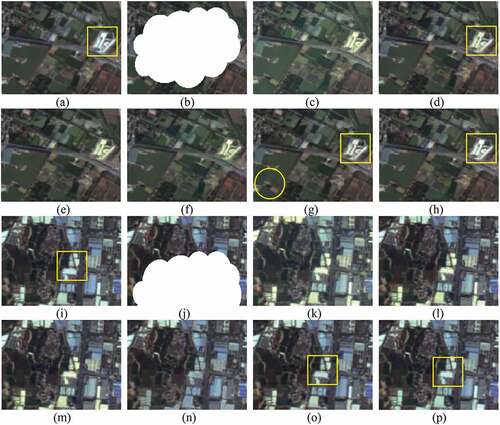 Figure 8. The zoomed details of Figure 7. (a)–(h) are the details of the red rectangle area in Figure 7(a–h). (i)–(p) are the details of the yellow rectangle area in Figure 7(a–h).