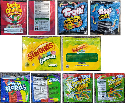 Figure 2. Sample cannabis “edibles” packages. Packages are brightly colored with depictions of candy appealing to children. Labeled doses of THC exceed 500 mg.