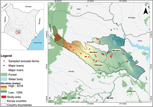 Figure 1. Map of the study area comprising Gatanga, Kandara and Maragua sub-Counties in Murang’a County, Kenya, with overlaid sampled avocado farms, elevation and other surface features.