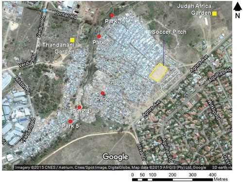 Figure 4. Location of communal gardens, parks and soccer pitch in Kya Sands settlement.Source: Google Satellite Image, November 2015.