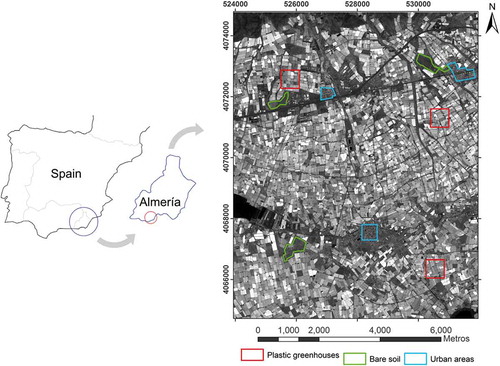 Figure 1. Location of the study area in Almería (Spain). The nine selected subareas over plastic greenhouses, bare soil and urban areas are depicted as red, green and blue polygons respectively. Coordinate system: WGS84 UTM Zone 30N.