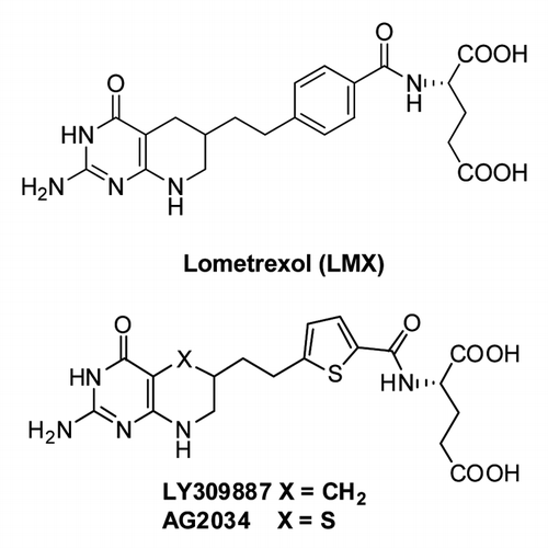 Figure 7. Structures of GARFTase inhibitors. Structures are shown for Lometrexol (LMX) and LY309887 and AG2034.