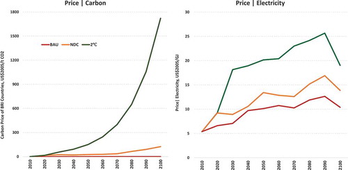 Figure 6. Carbon and Electricity Price Variation in BRI Countries (2005–2100).