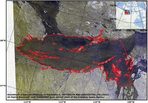 Figure 1. Coronation Gulf marine region (red polygon), Nunavut, Canada. The image is a RSAT-2 dual-polarized (RGB: HH-HH-HV) ScanSAR Wide image acquired 2010-04-26 00:42:04 UTC.