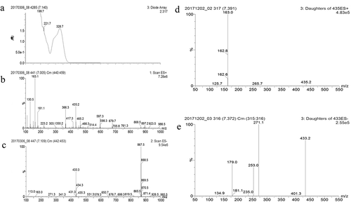 Figure 3. Spectra data of UPLC-MS and MS/MS analysis of peak 3.UV-vis spectrum (a) and MS spectra with ES negative (b) and positive mode (c). MS/MS spectra data showing the molecular ion mass of a parent ion as 435.2 with ES positive mode at 30 V (d) and as 433.3 with ES negative mode at 30 V (e).