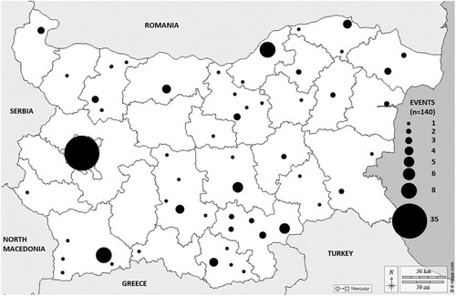 Figure 2. Protests by municipality. Base map source: d-maps.com. https://d-maps.com/carte.php?num_car = 5666&lang = en.