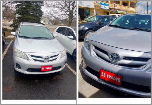 Figure 2. A second-hand Toyota Corolla 2013 model at the source location (left, New Jersey) and retail garage (right, Teson Accra). Source: Fieldwork