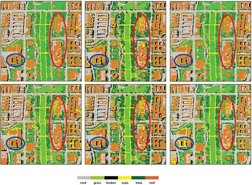 Figure 4. Classification map of HYDICE data using MEAC and JM.(a) 2CS-MEAC (97.2%). Classification map of HYDICE data using MEAC and JM.(f)All bands (93.4%)