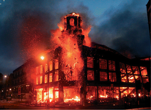 London riots (2011).Fire raging through a building in Tottenham