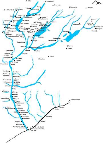 Figure 2 Traditional place names in the Waitaki Valley.Note: Adapted by K. Nelson from the Beattie 1920s' map and Beattie (Citation1945).