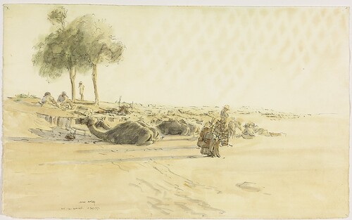 Figure 4. James McBey, The Long Patrol: The Wadi, 11 July 1917, pen and ink and watercolour on paper, 304 × 495 mm. London, Imperial War Museum (Art.IWM ART 1439) © Aberdeen City Council (James McBey).
