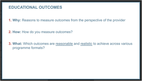 Figure 18. Breakout session “Mastering the metrics: Enhancing outcomes assessment in independent medical education” by Froukje Sosef (COR2ED) and Margarita Velcheva (Kenes Group) asking key questions on educational outcomes.